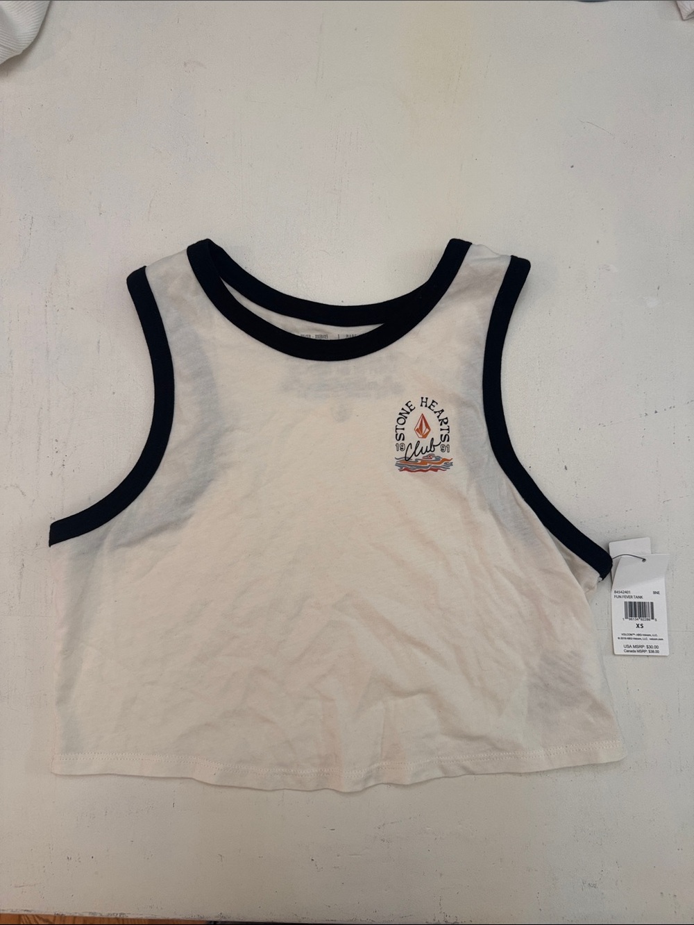 Volcom' White crop tank Top with black Trim
